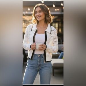 White and Black Zippered  Knit Top